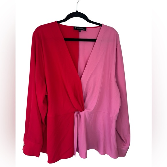 Eloquii Red and Pink Color Block Long Sleeve Blouse Size 24 Holiday Party Plus - Picture 1 of 5